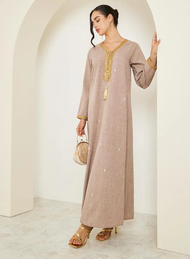 Amirah Women Beige Linen Jalabiya with Gold Embroidery